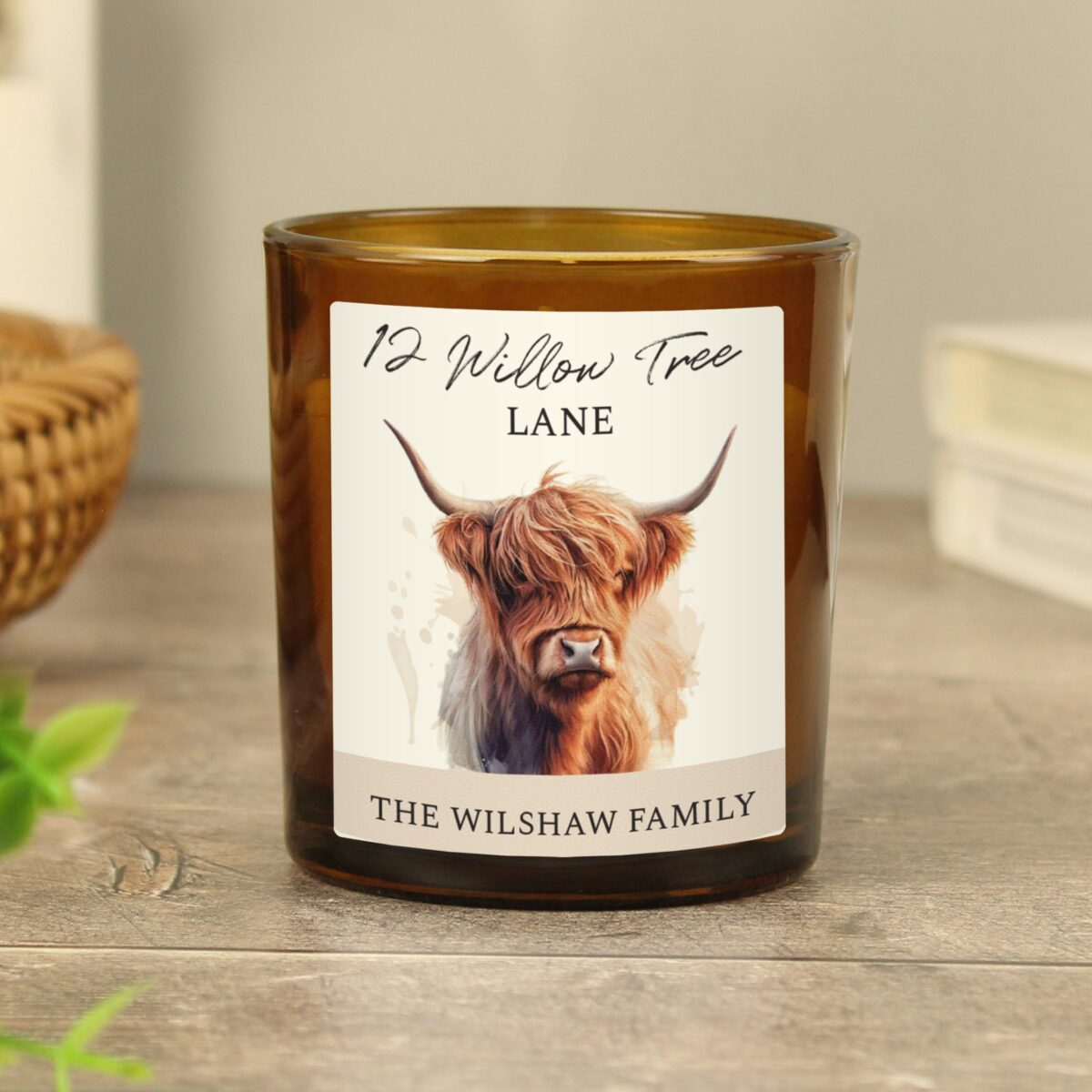 Personalised Highland Cow Amber Glass Candle: 4 - Candles By Gift Moments