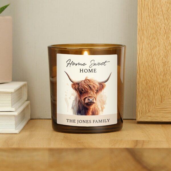 Personalised Highland Cow Amber Glass Candle: 2 - Candles By Gift Moments