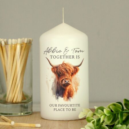 Personalised Highland Cow Pillar Candle: 3 - Candles By Gift Moments