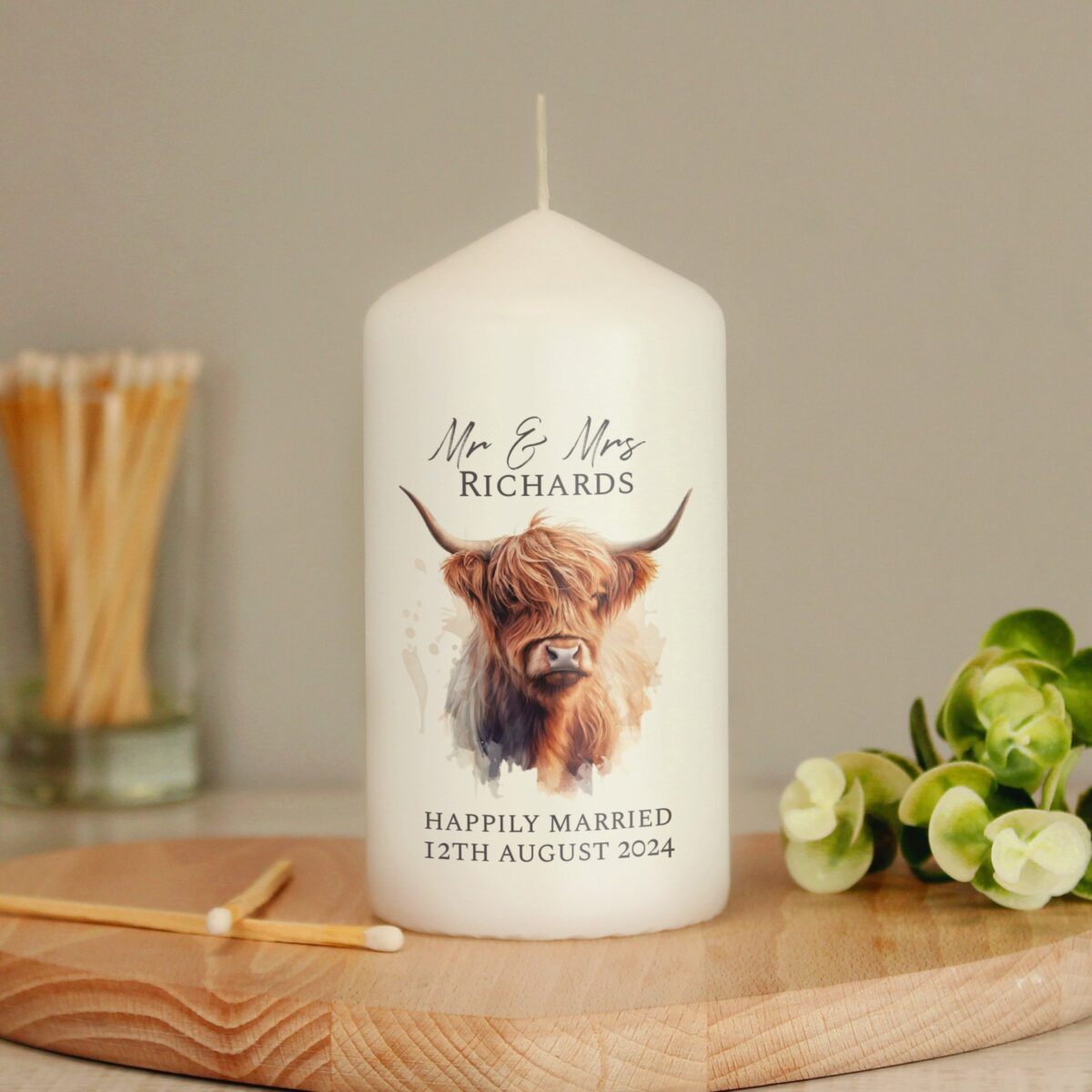 Personalised Highland Cow Pillar Candle: 1 - Candles By Gift Moments