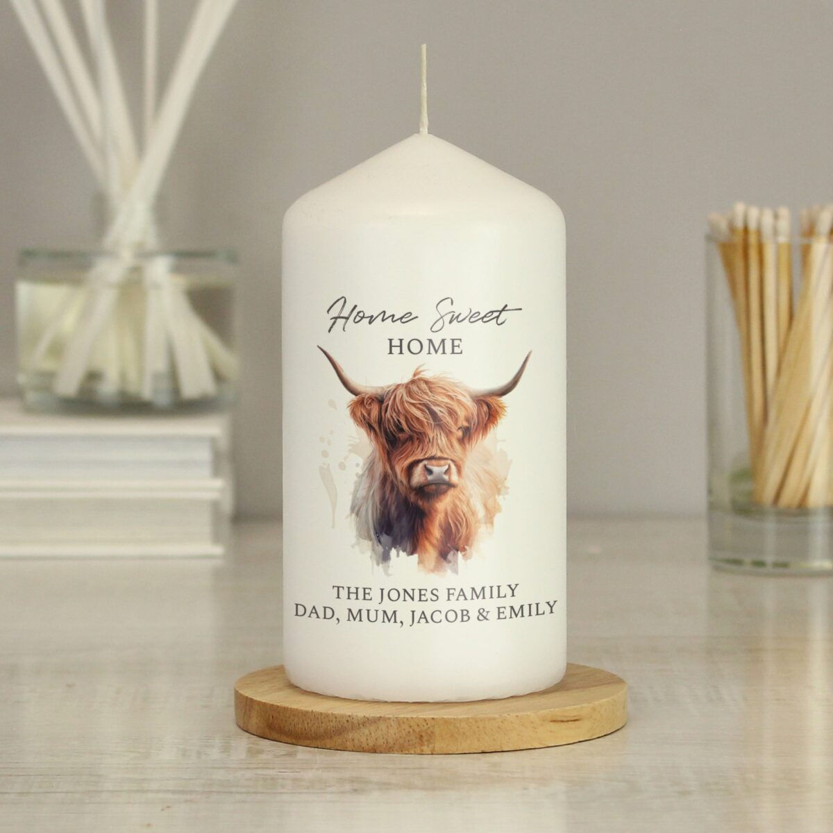 Personalised Highland Cow Pillar Candle: 2 - Candles By Gift Moments
