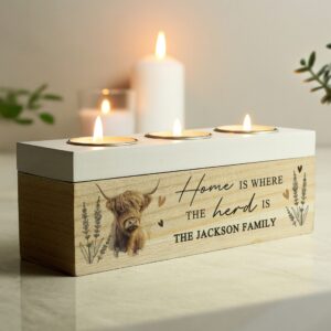 Personalised Highland Cow Triple Tea Light Box: 4 - Candle Holders By Gift Moments