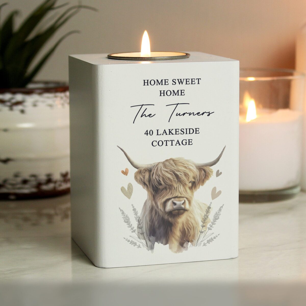 Personalised Highland Cow Wooden Tealight Holder: 3 - Candle Holders By Gift Moments