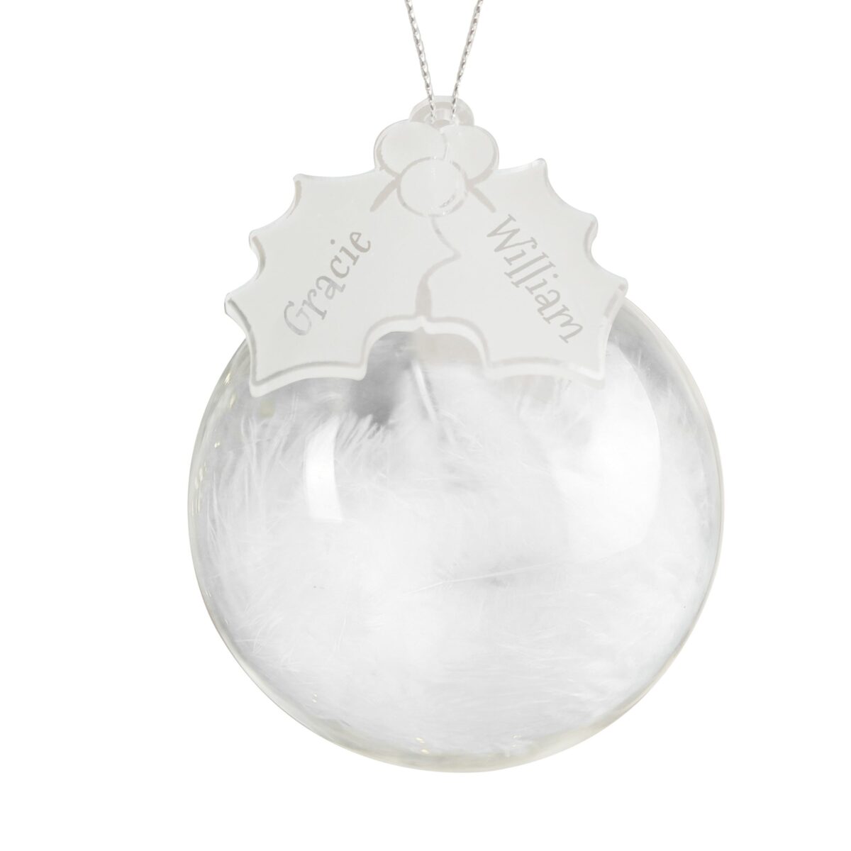 Personalised Holly Acrylic White Feather Bauble: 3 - Christmas Baubles By Gift Moments