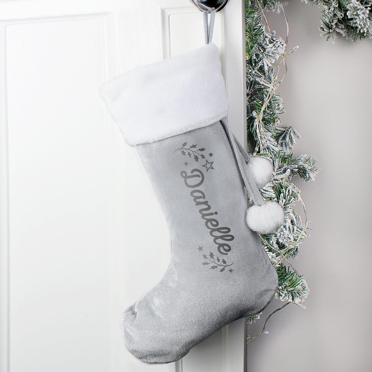 Personalised Holly Grey Christmas Stocking: 1 - Christmas Stockings By Gift Moments