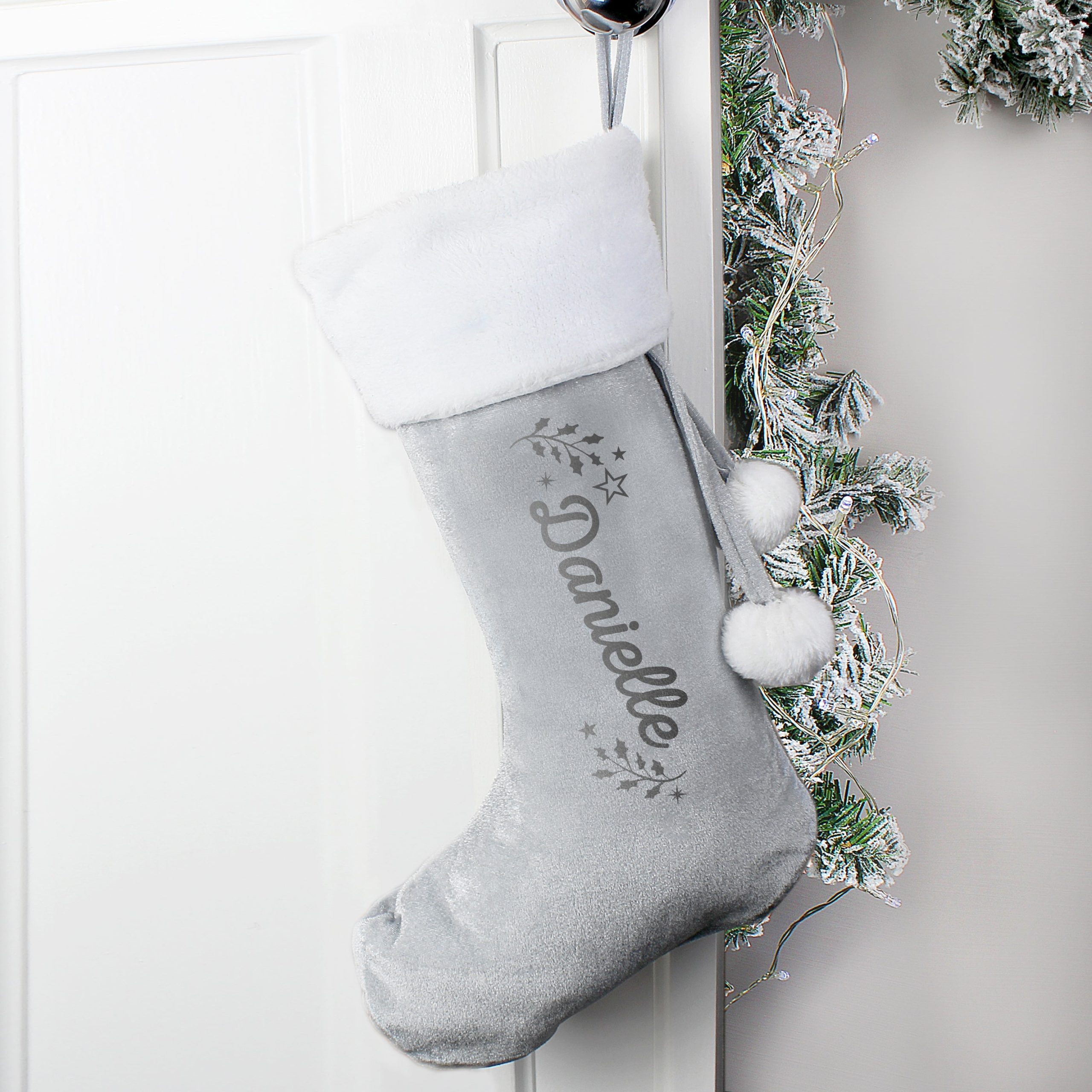 Personalised Holly Grey Christmas Stocking: 1 - Christmas Stockings By Gift Moments