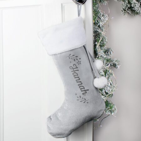 Personalised Holly Grey Christmas Stocking: 3 - Christmas Stockings By Gift Moments
