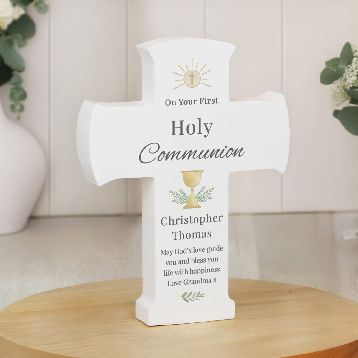 Personalised holy communion cross wooden ornament