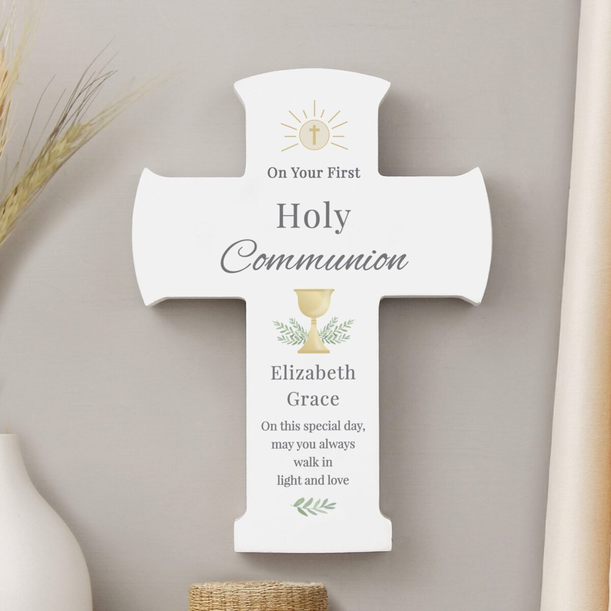 Personalised holy communion cross wooden ornament