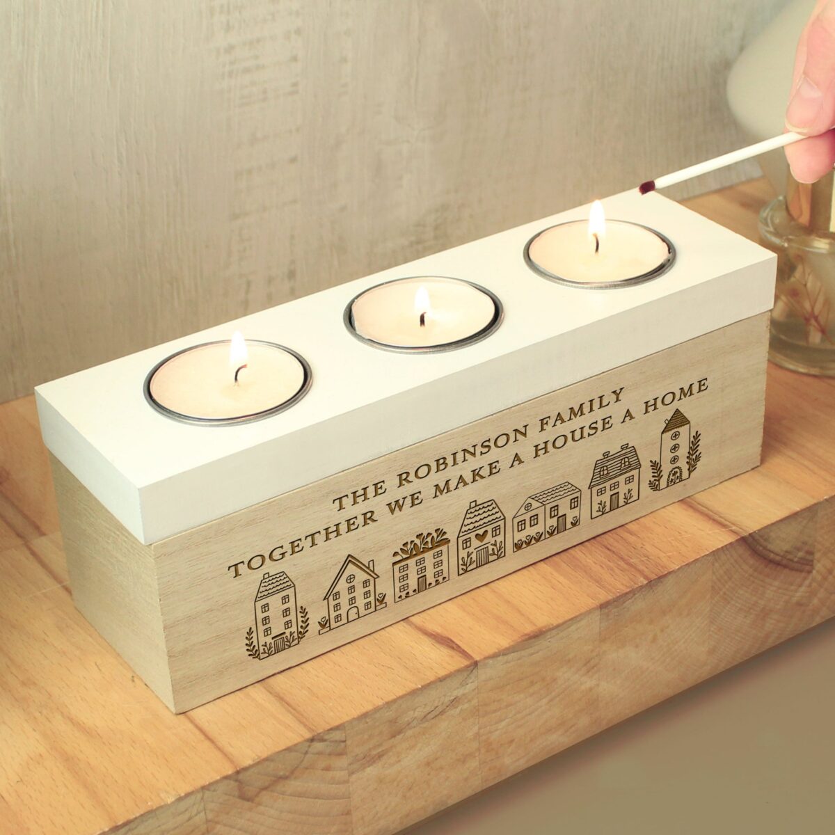 Personalised HOME Triple Tea Light Box: 4 - Candle Holders By Gift Moments