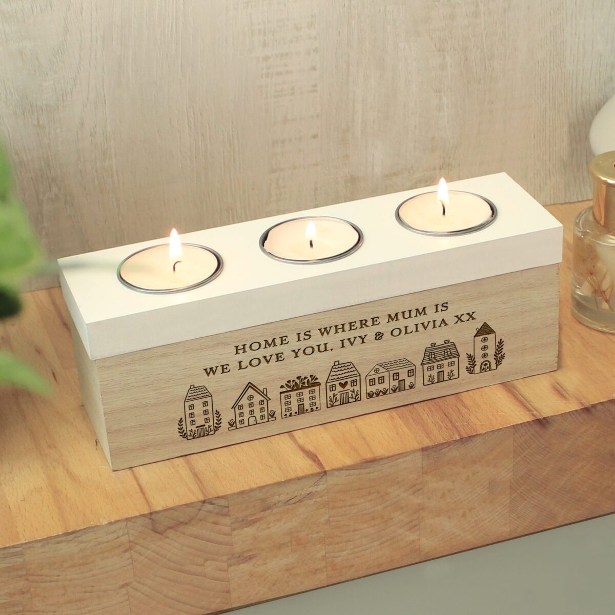 Personalised HOME Triple Tea Light Box: 3 - Candle Holders By Gift Moments