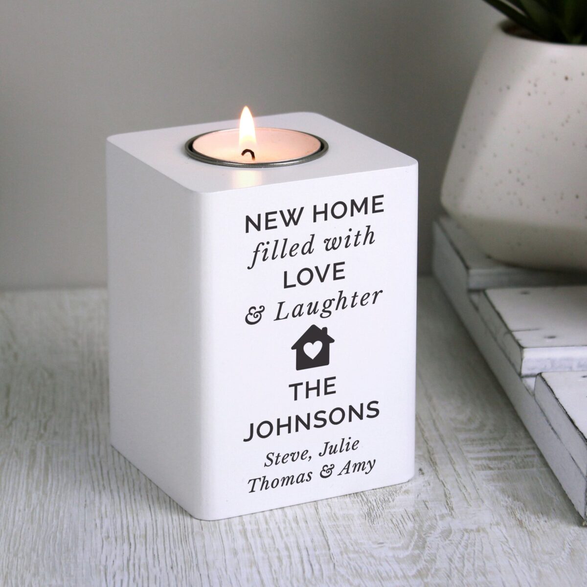 Personalised Home White Wooden Tea light Holder: 2 - Candle Holders By Gift Moments