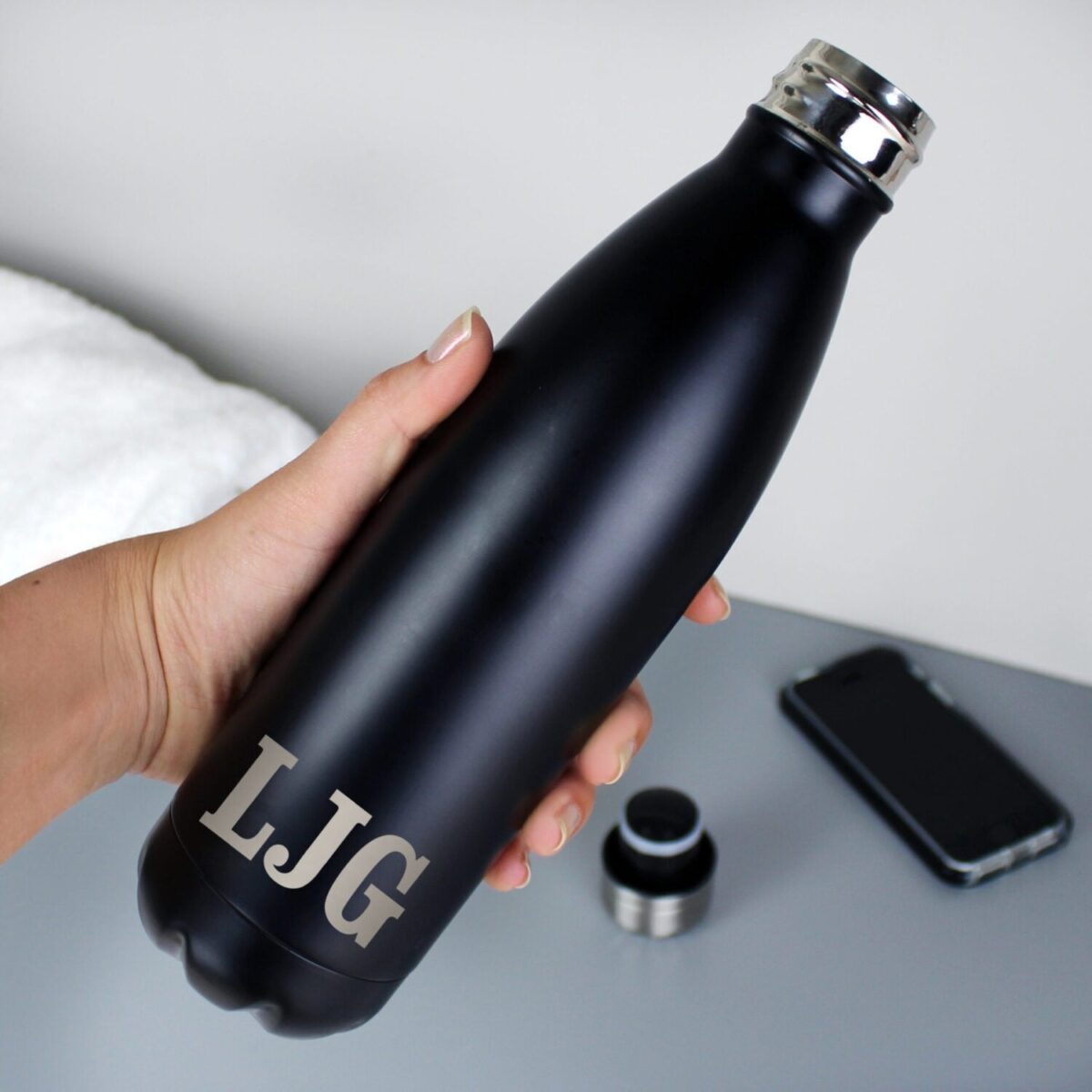 Personalised Initials Black Metal Insulated Drinks Bottle: 2 - Water Bottles By Gift Moments