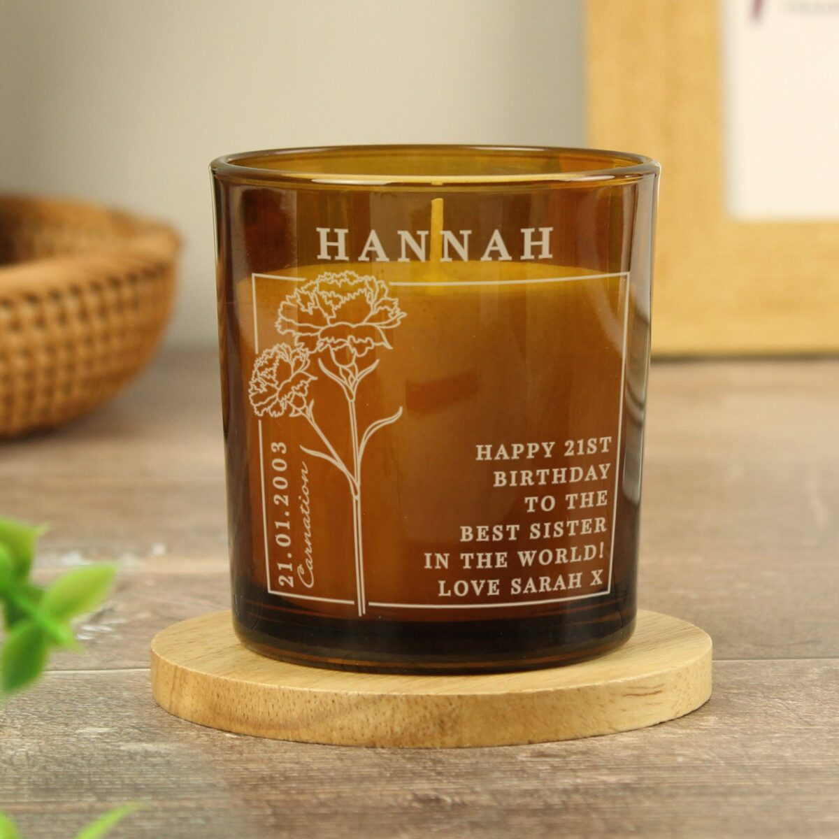 Personalised January Birth Flower Amber Glass Candle: 2 - Candles By Gift Moments