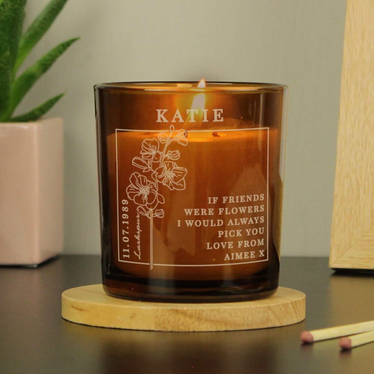 Personalised July Birth Flower Amber Glass Candle: 1 - Candles By Gift Moments