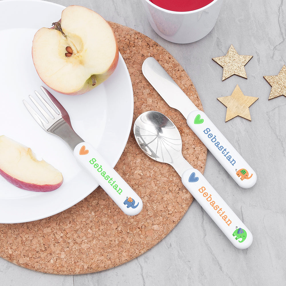 Personalised Kids Elephant Cutlery Set: 2 - Cutlery Sets By Gift Moments