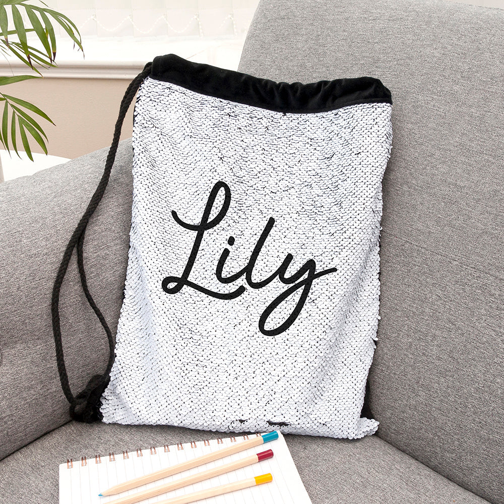 Personalised kids hidden message sequin bags black