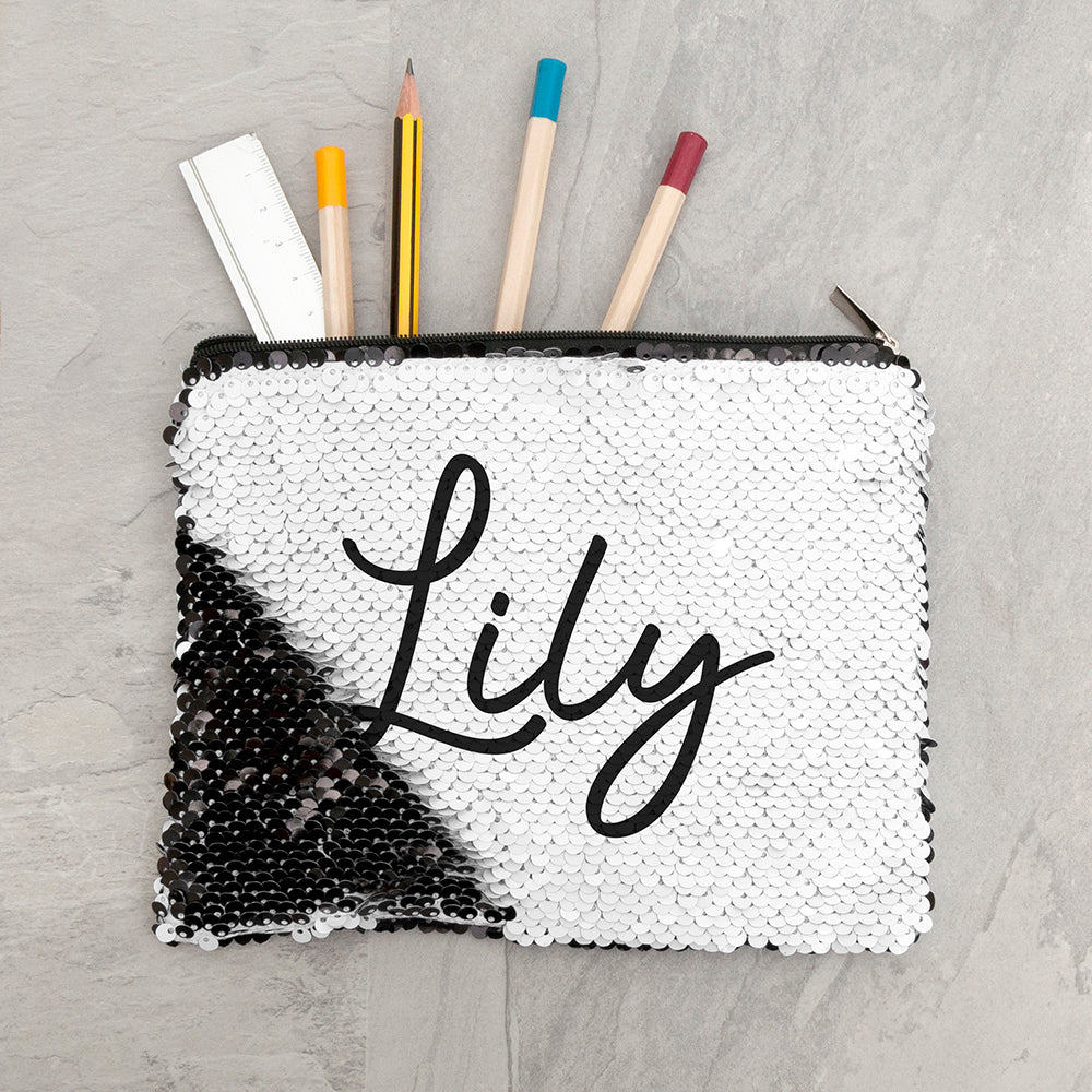 Personalised kids hidden message sequin pencil cases black