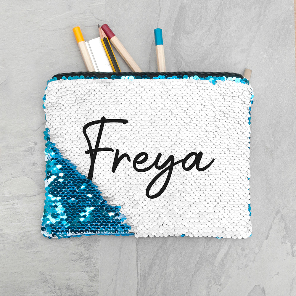 Personalised kids hidden message sequin pencil cases blue