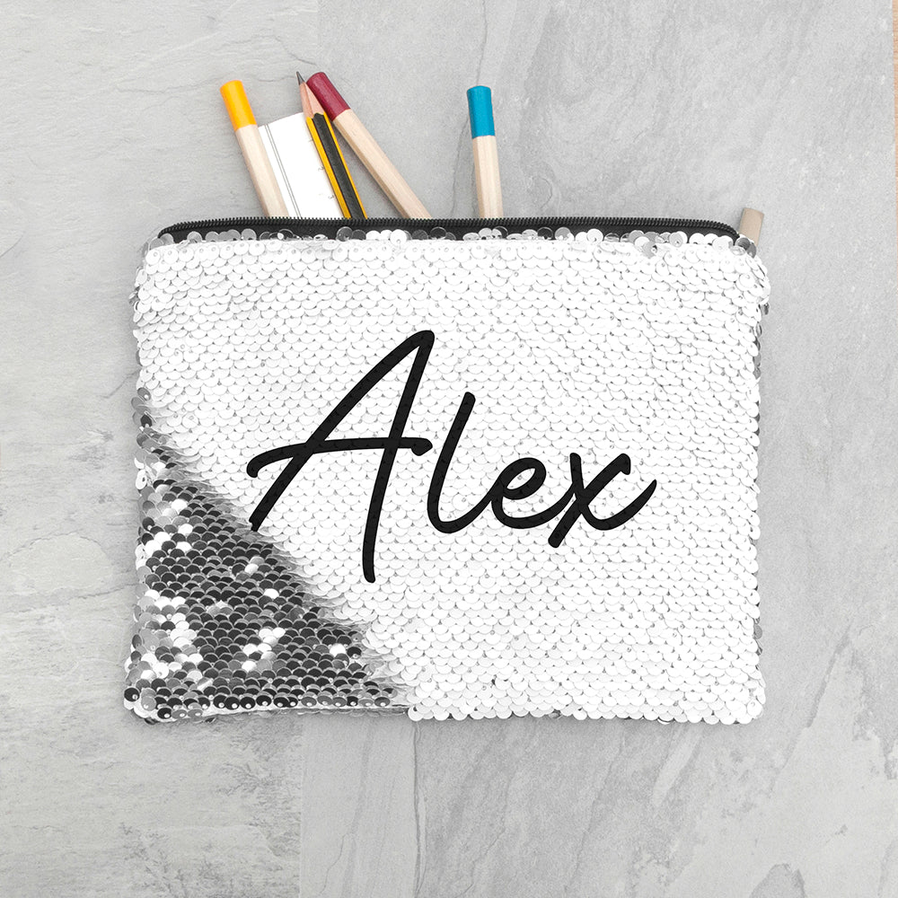 Personalised kids hidden message sequin pencil cases silver