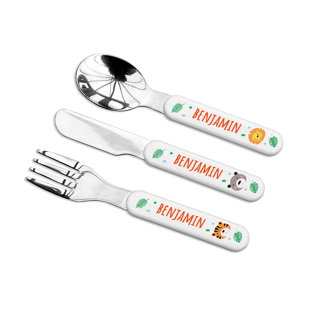 Personalised Kids Jungle Animal Cutlery Set: 4 - Cutlery Sets By Gift Moments