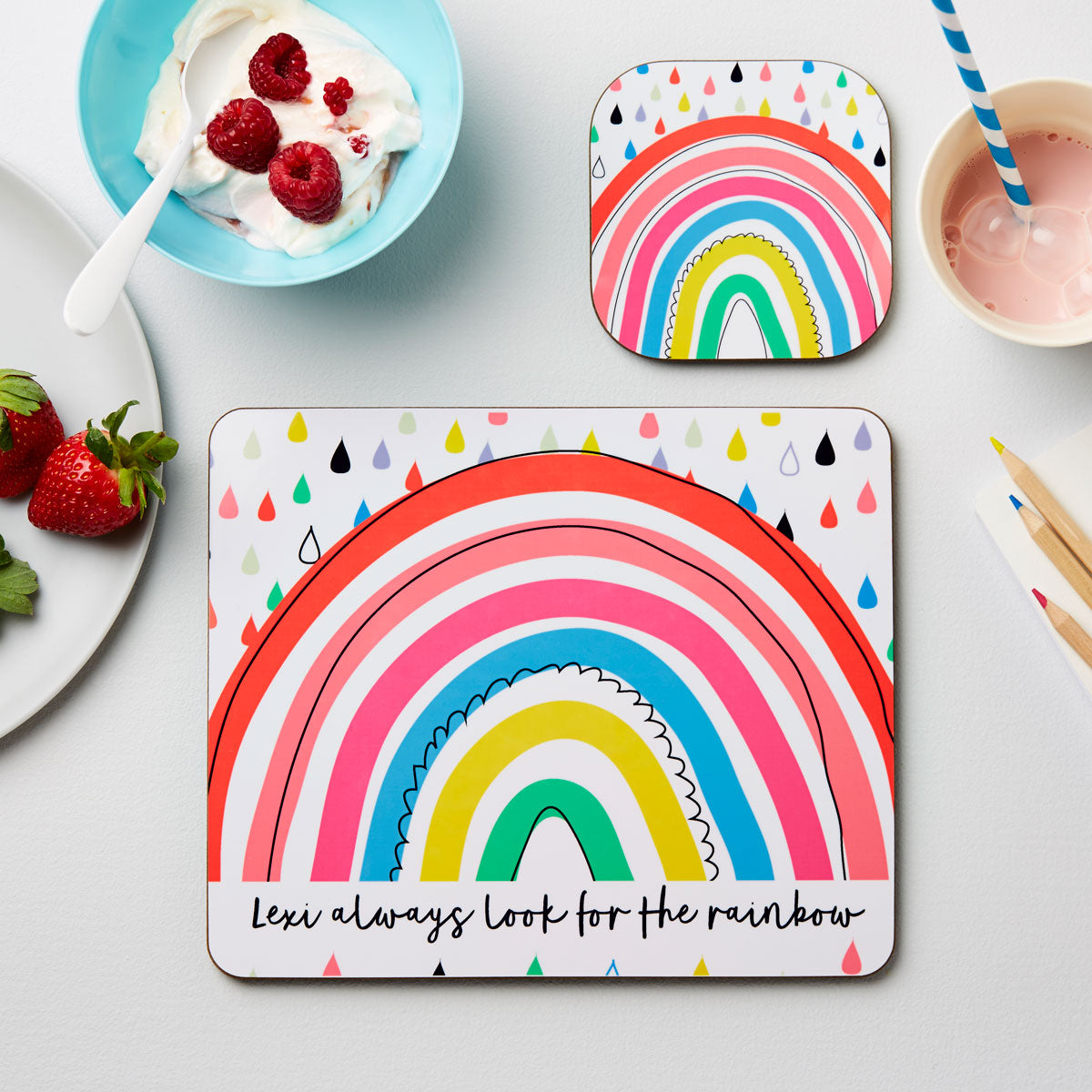 Personalised Kid’s Rainbow Placemat & Coaster Set: 1 - Placemats By Gift Moments
