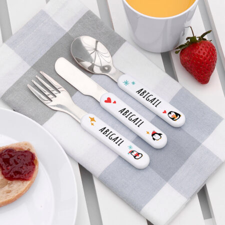 Personalised Kids Penguin Cutlery Set: 3 - Cutlery Sets By Gift Moments