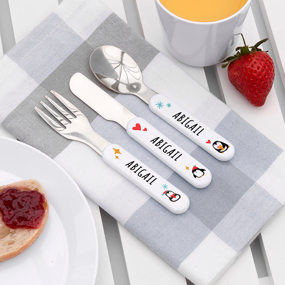 Personalised Kids Penguin Cutlery Set: 3 - Cutlery Sets By Gift Moments