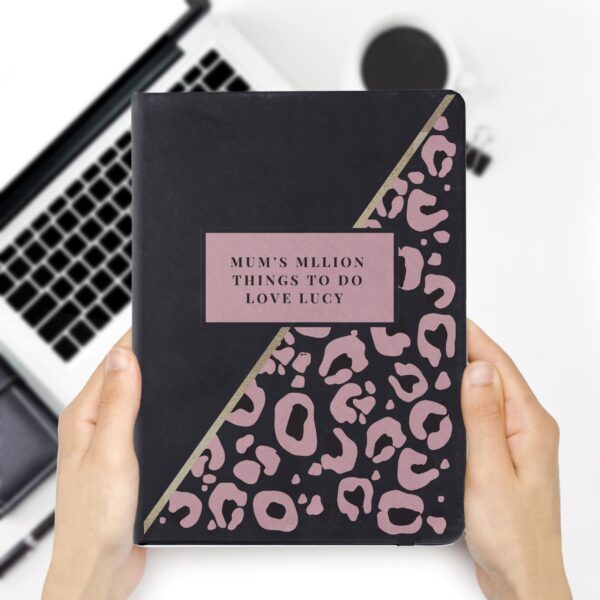 Personalised Leopard Print Black Hardback Notebook: 2 - Notebooks By Gift Moments