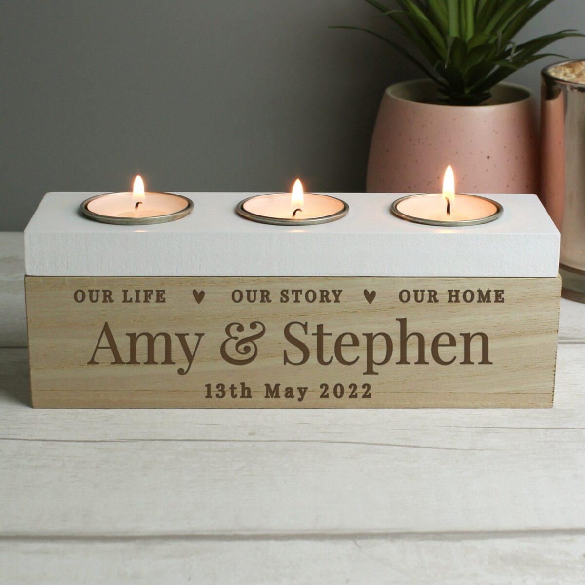 Personalised Our Life Story & Home Triple Tea Light Box: 3 - Candle Holders By Gift Moments
