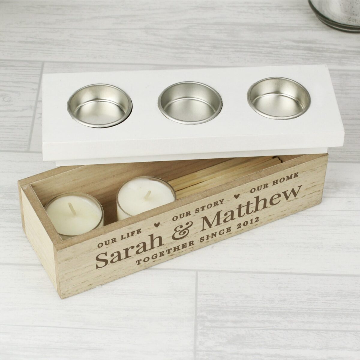 Personalised Our Life Story & Home Triple Tea Light Box: 2 - Candle Holders By Gift Moments
