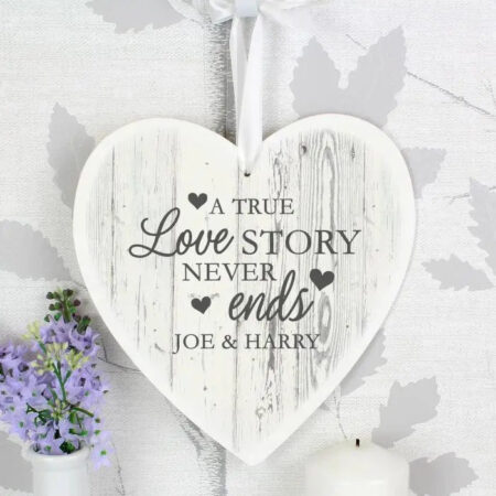 Personalised Love Story Large Wooden Heart Decoration: 5 - Decorations By Gift Moments