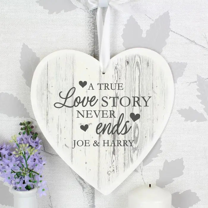 Personalised Love Story Large Wooden Heart Decoration: 5 - Decorations By Gift Moments