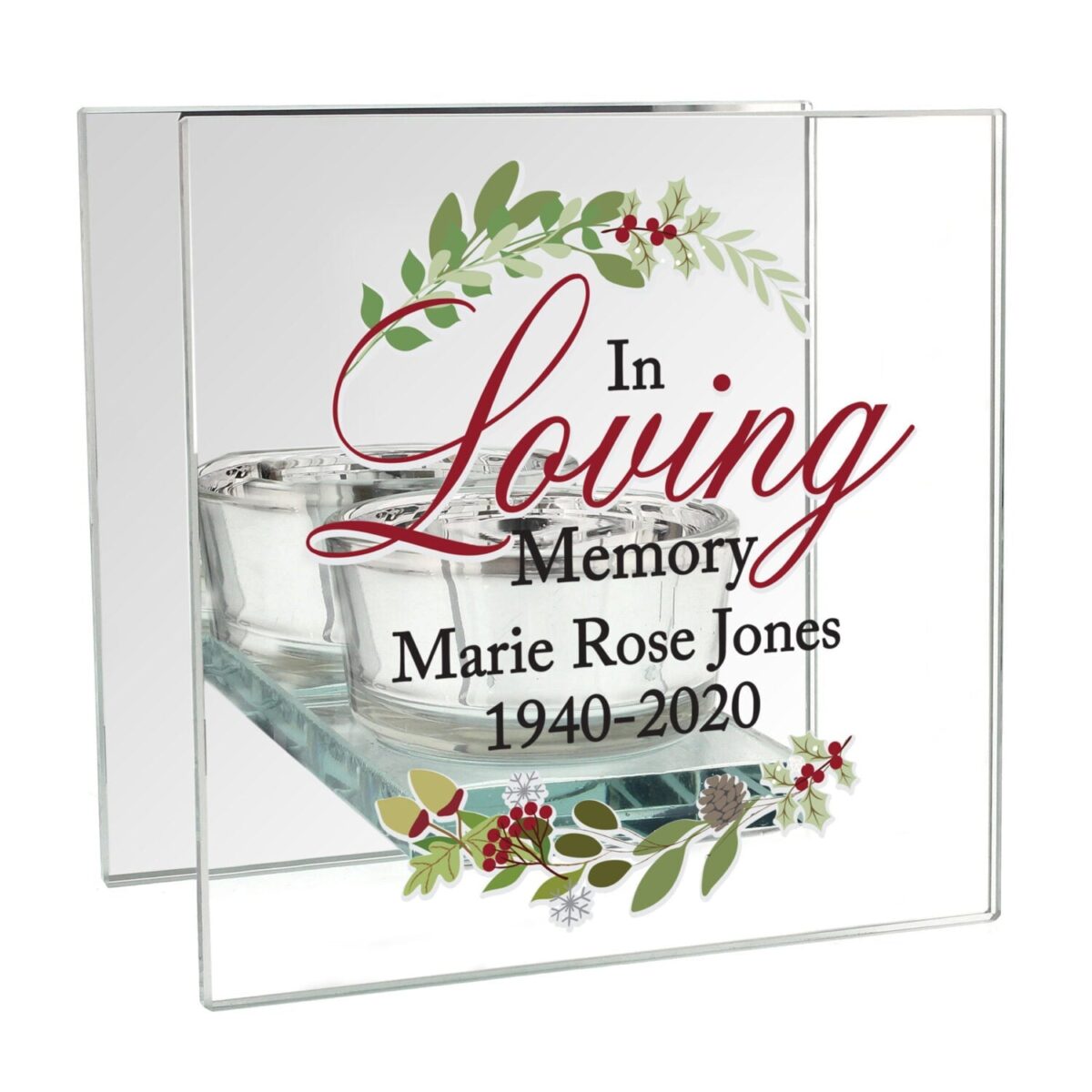 Personalised loving memory christmas mirrored glass tea light candle