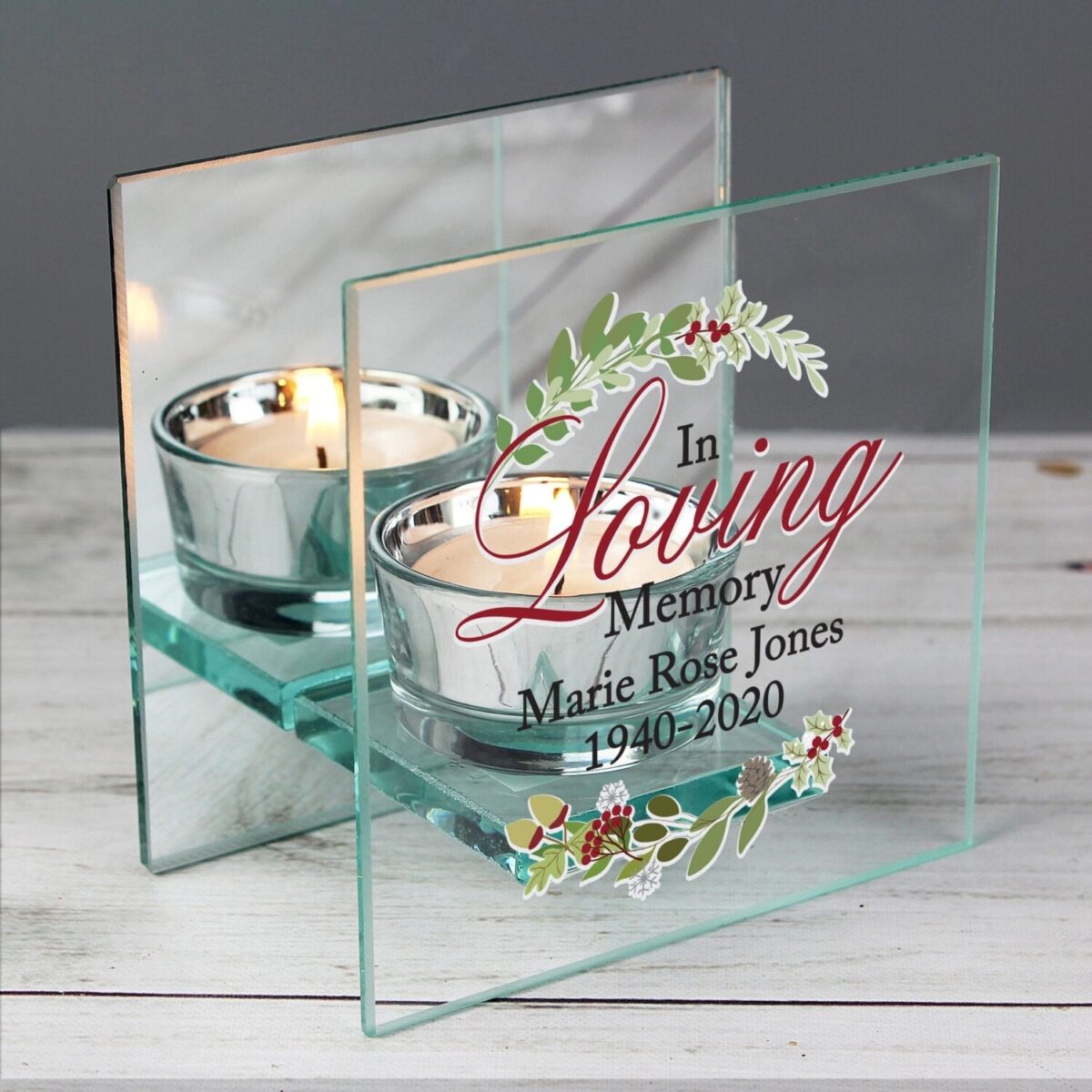 Personalised loving memory christmas mirrored glass tea light candle