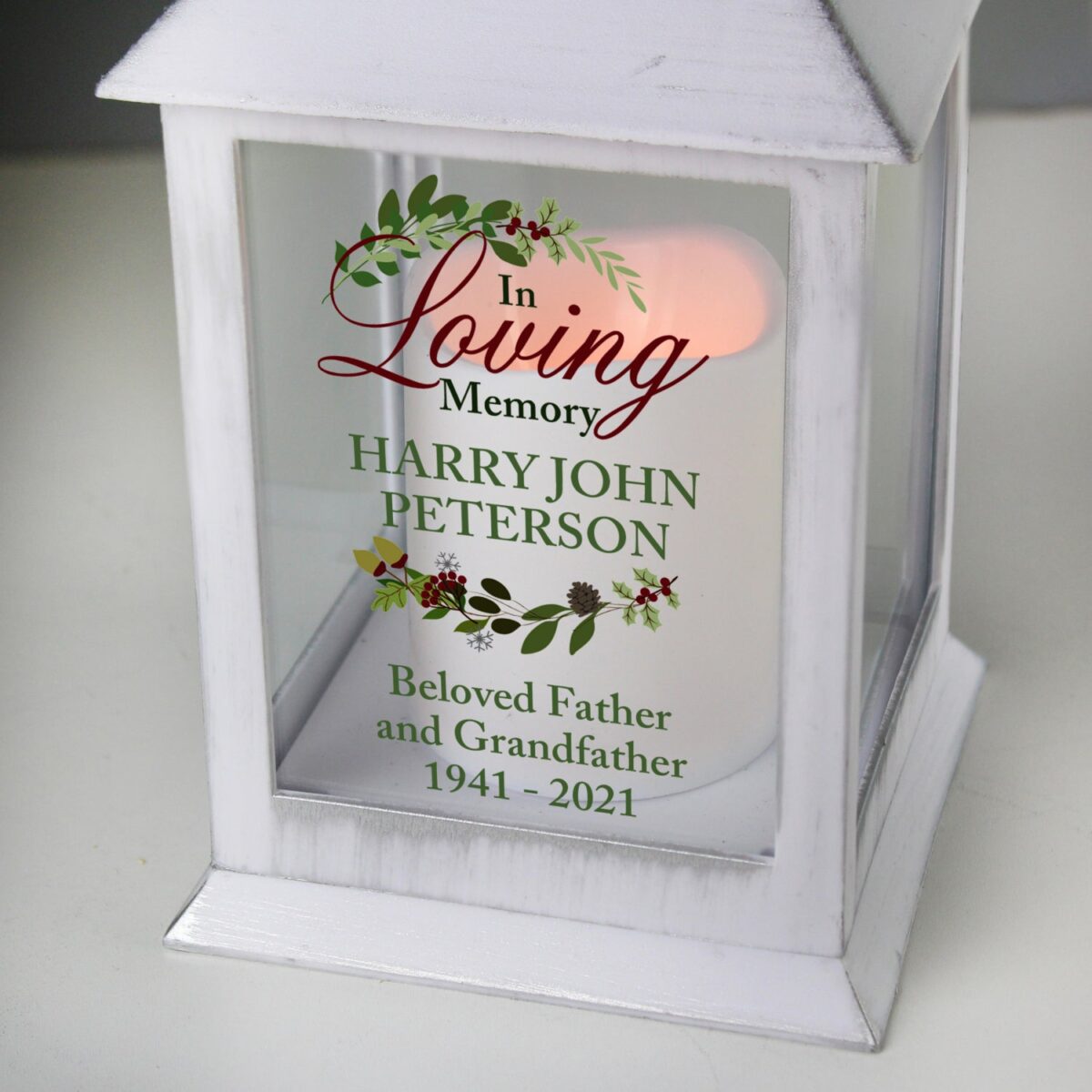 Personalised In Loving Memory White Lantern: 2 - LED Lighting By Gift Moments