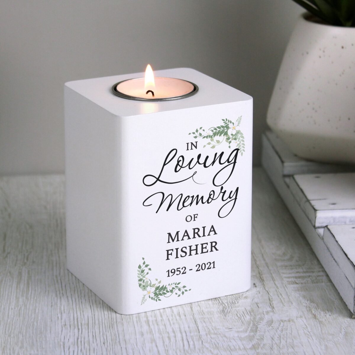 Personalised In Loving Memory White Wooden Tea light Holder: 1 - Candle Holders By Gift Moments