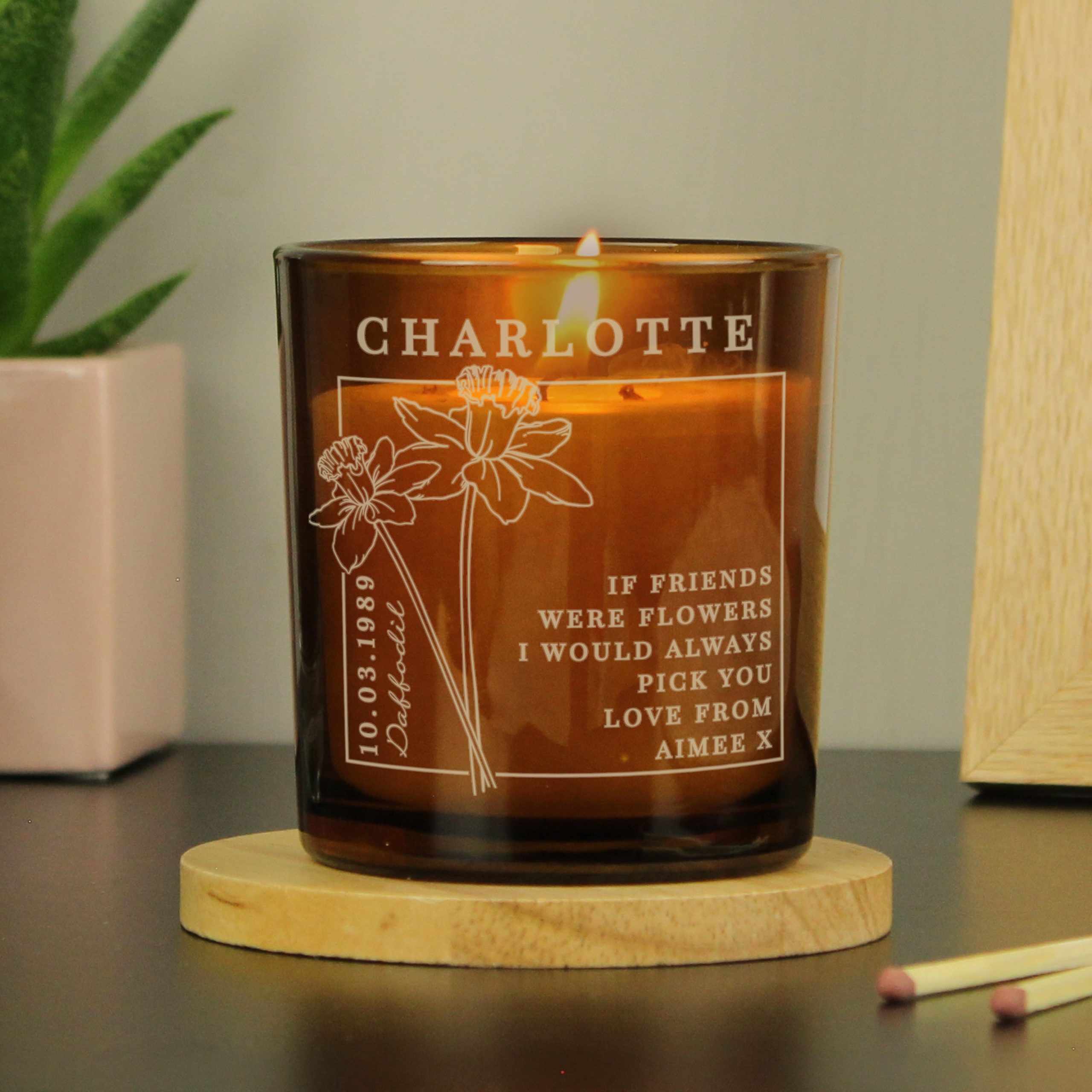 Personalised March Birth Flower Amber Glass Candle: 1 - Candles By Gift Moments