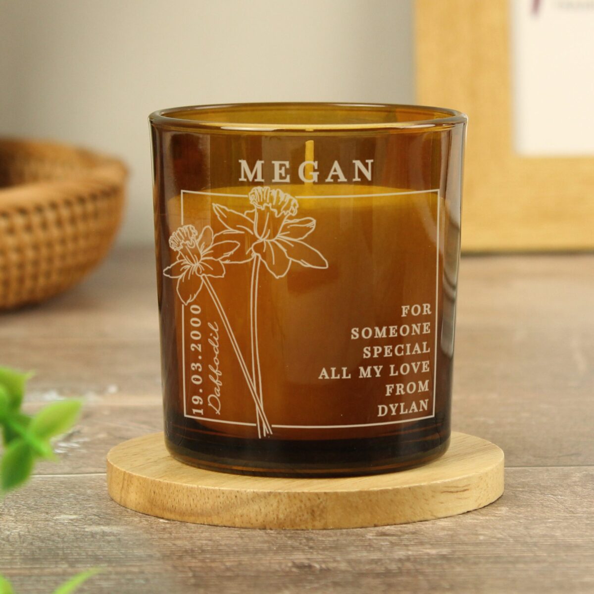 Personalised March Birth Flower Amber Glass Candle: 2 - Candles By Gift Moments