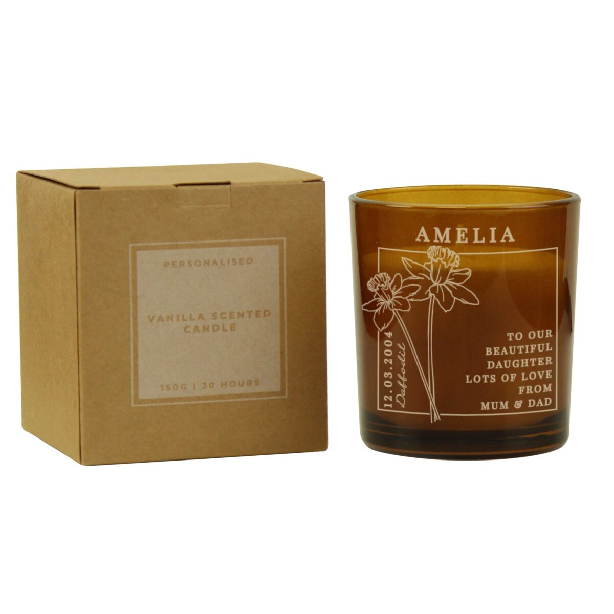 Personalised March Birth Flower Amber Glass Candle: 7 - Candles By Gift Moments