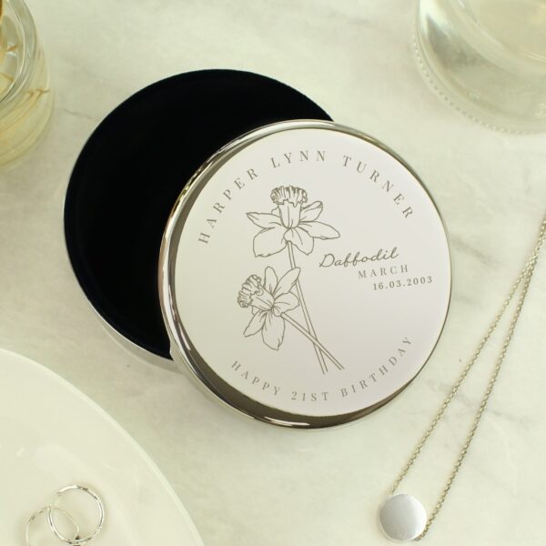 Personalised March Birth Flower Round Trinket Box: 2 - Trinket Boxes By Gift Moments