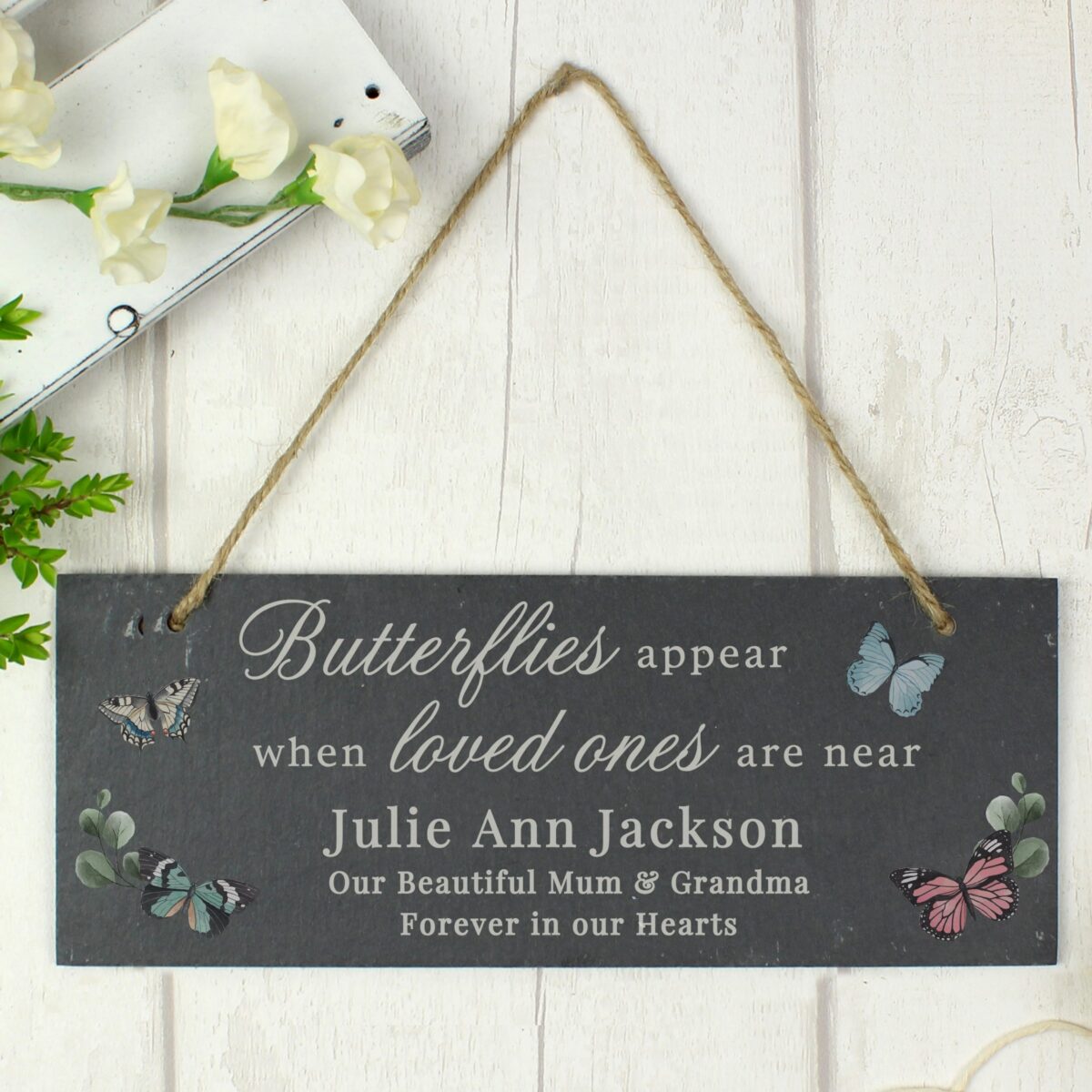 Personalised memorial butterflies appear slate hanging ornament