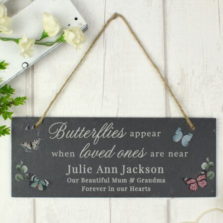 Personalised memorial butterflies appear slate hanging ornament