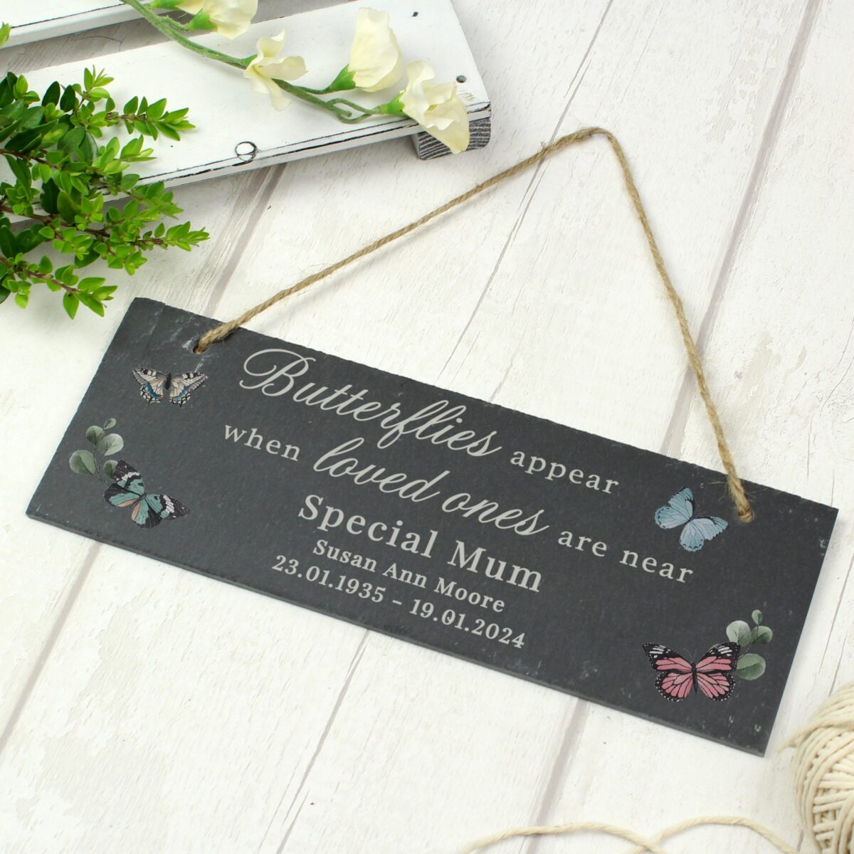 Personalised memorial butterflies appear slate hanging ornament
