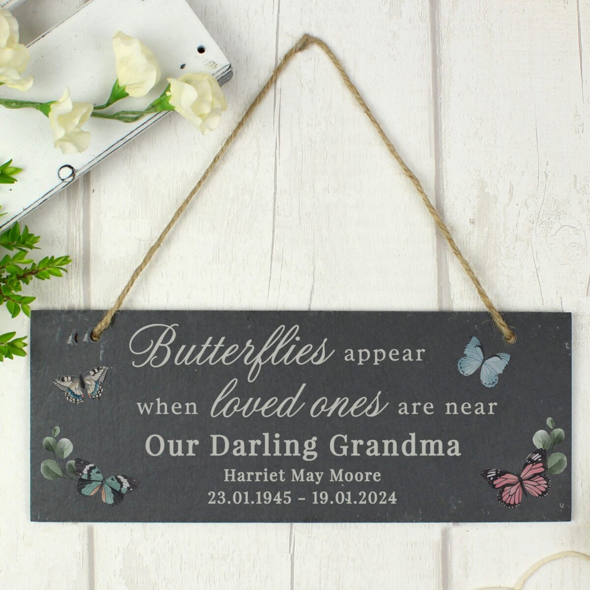 Personalised memorial butterflies appear slate hanging ornament