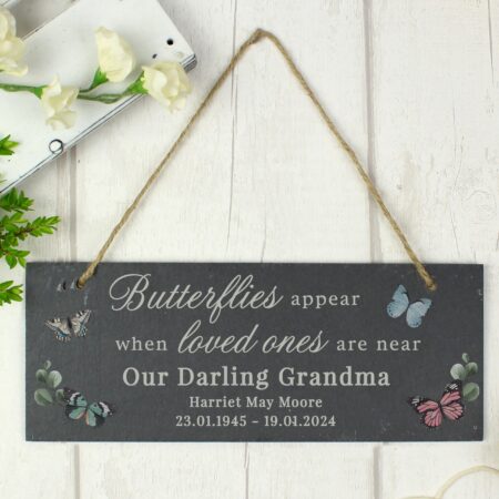 Personalised memorial butterflies appear slate hanging ornament