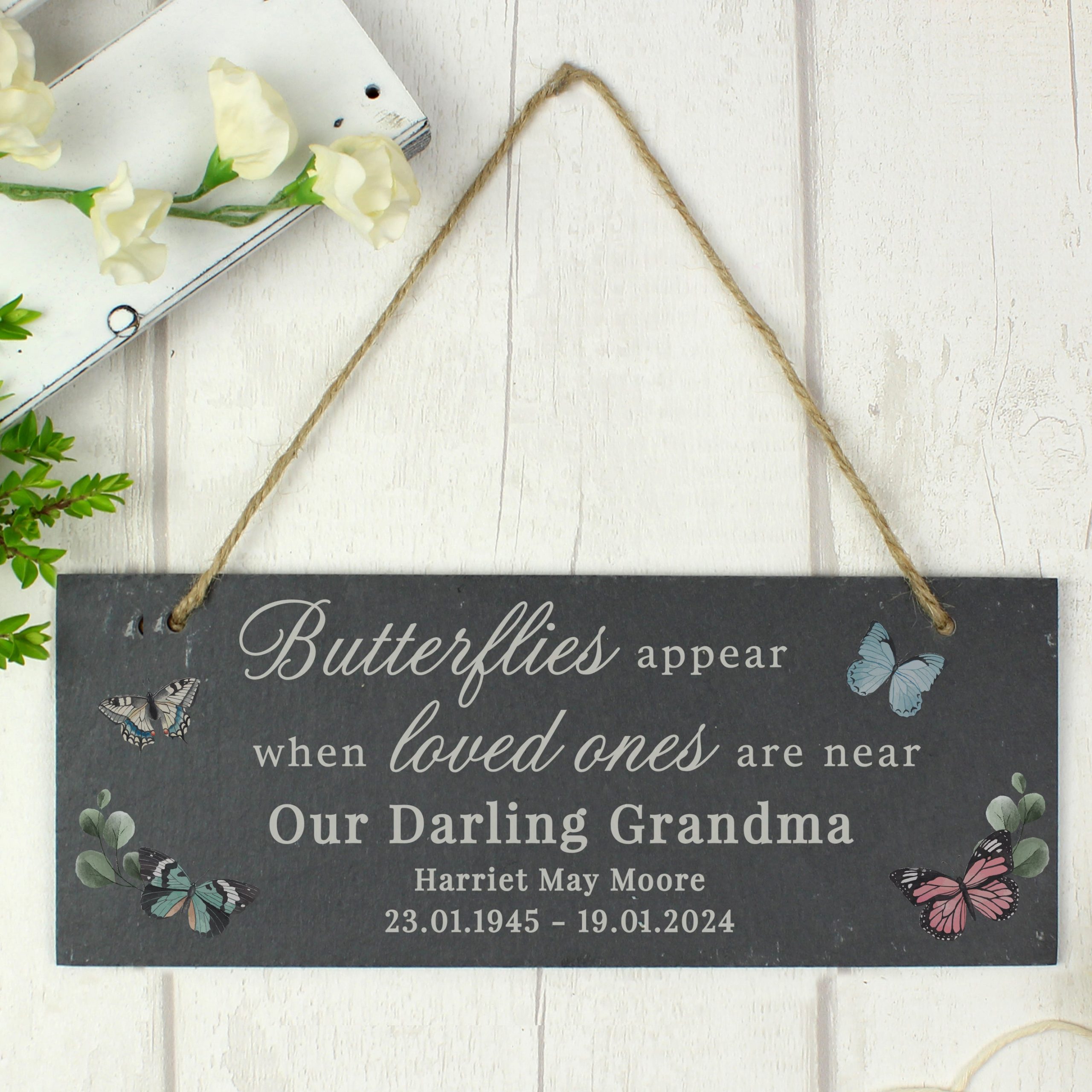 Personalised memorial butterflies appear slate hanging ornament
