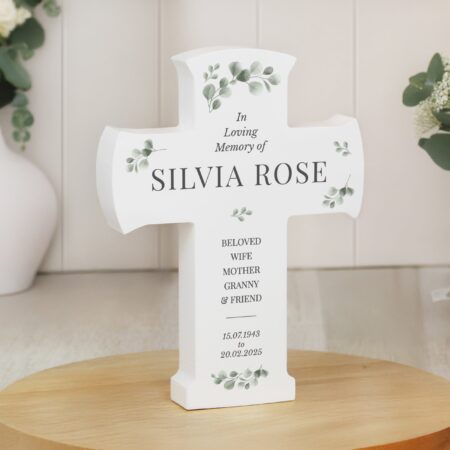 Personalised memorial cross wooden ornament