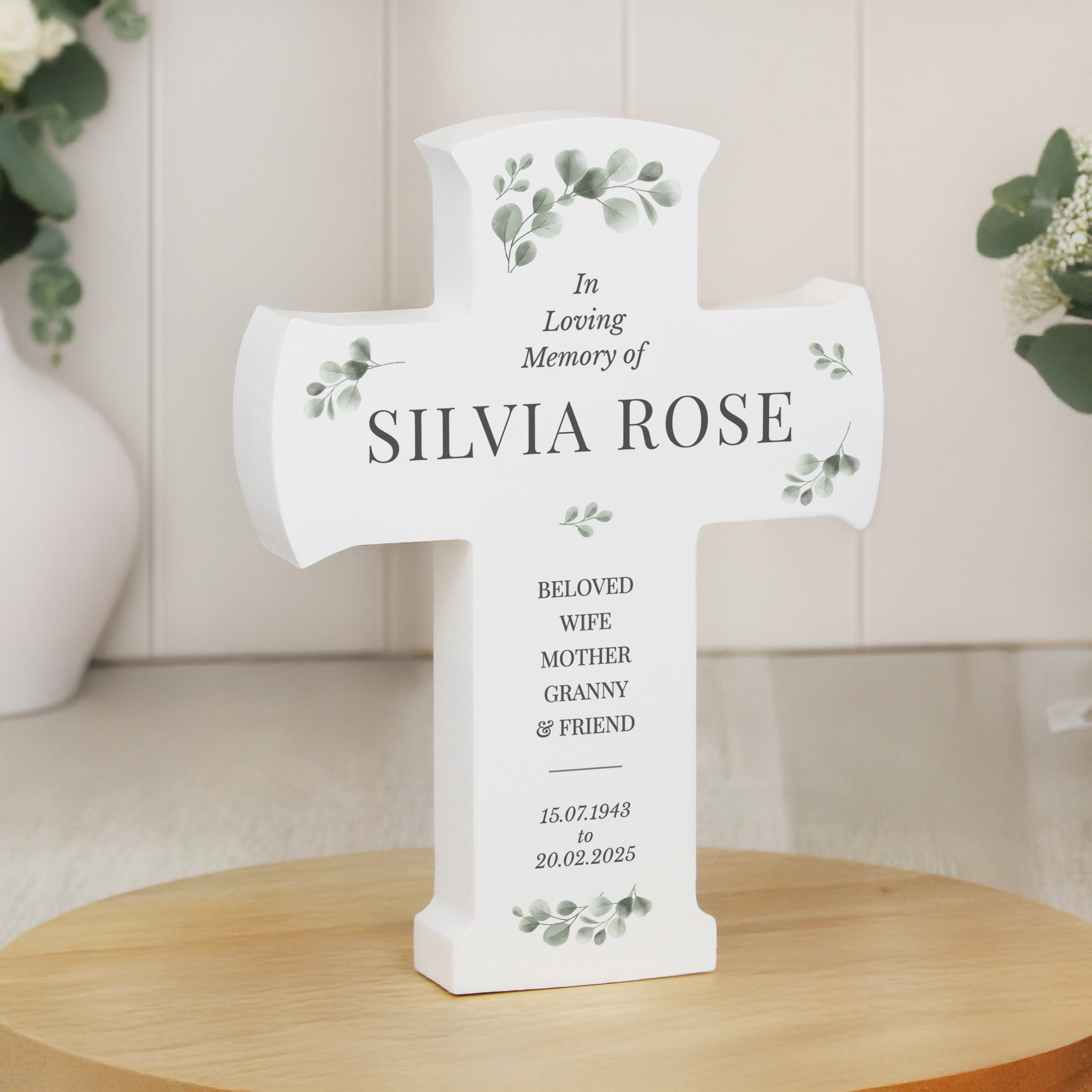 Personalised memorial cross wooden ornament