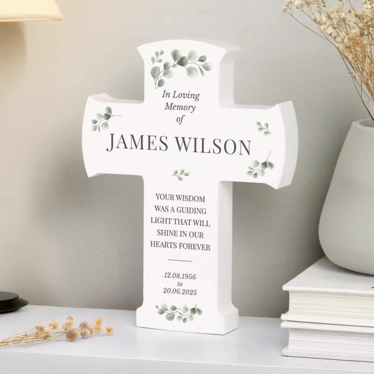 Personalised memorial cross wooden ornament
